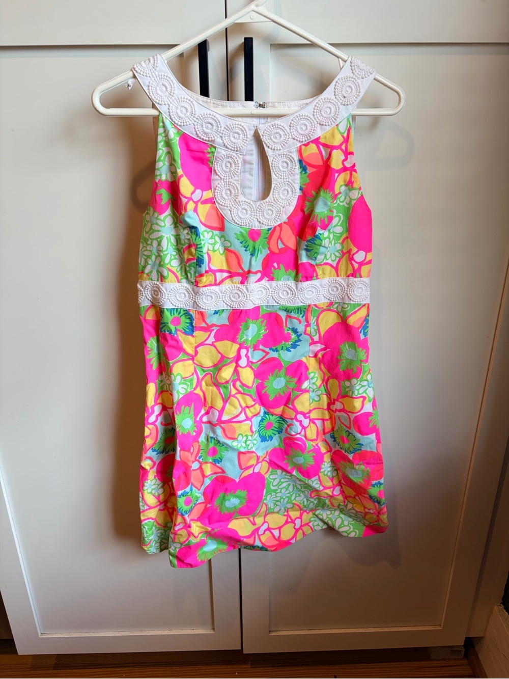 Lilly Pulitzer Neon Pink & Lime Floral Mini Dress with White Crochet